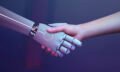Robot handshake human background, futuristic