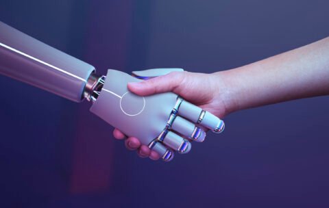 Robot handshake human background, futuristic